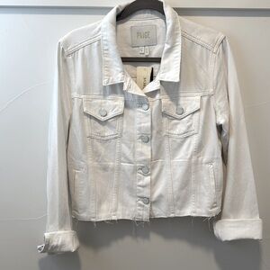 PAIGE White Cropped Jean Jacket with Distressed Hem